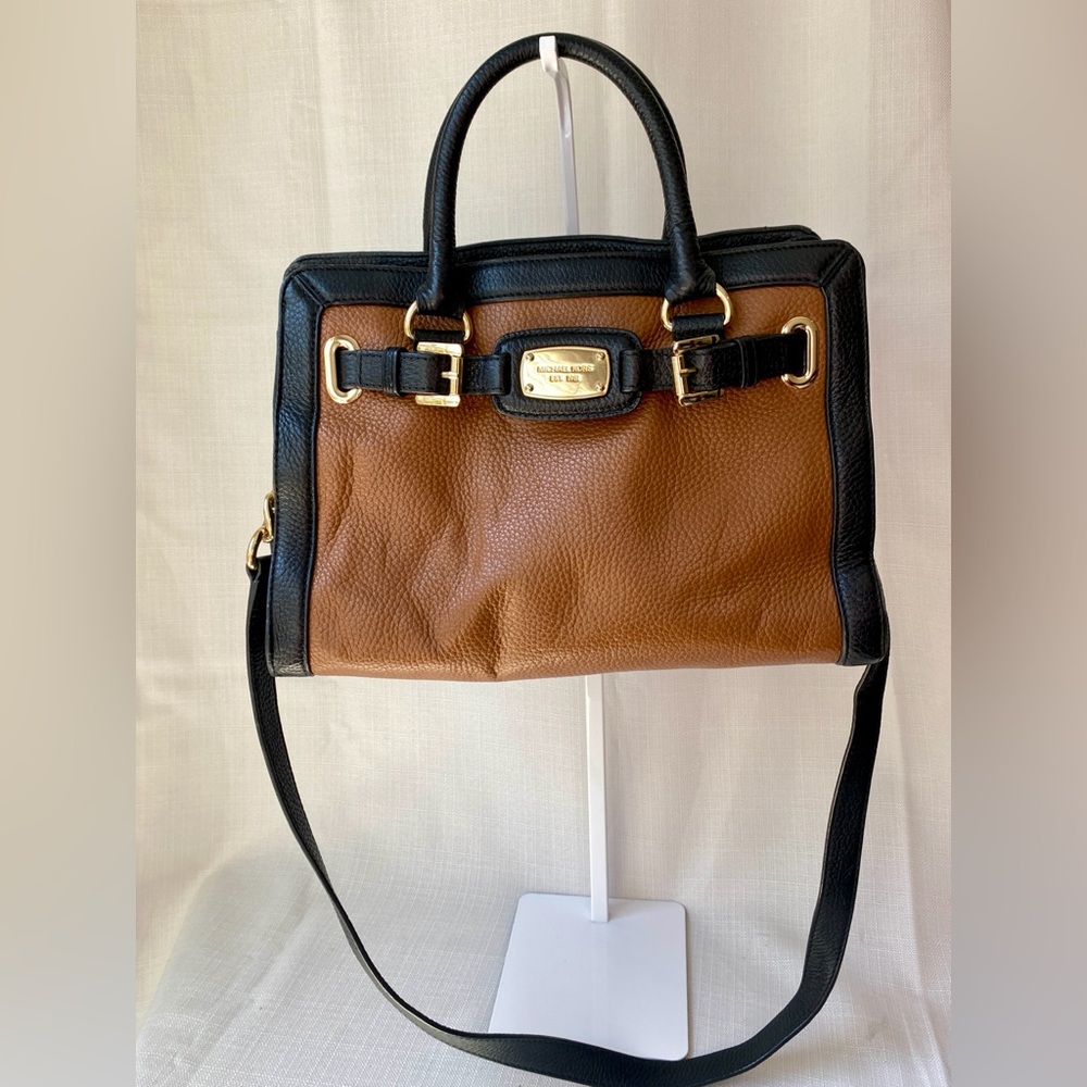 Michael Kors Hamilton Frame Out Tan & Black Leather Satchel Crossbody Bag